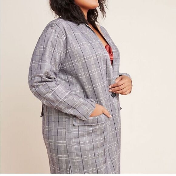 Blank NYC Anthropologie Jacket Women Size 2X Renegade Gray Brown Plaid Longline - Picture 2 of 16